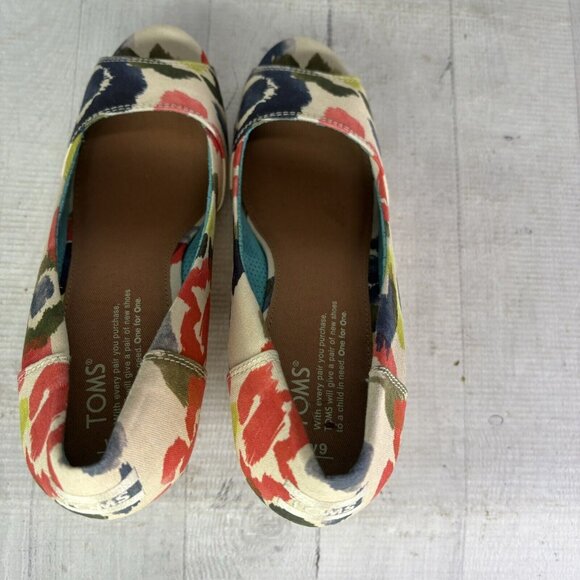 Toms STELLA Abstract Floral Canvas Peep Toe Cork Wedge Heel Slip On Shoes Size 9 - Picture 9 of 16